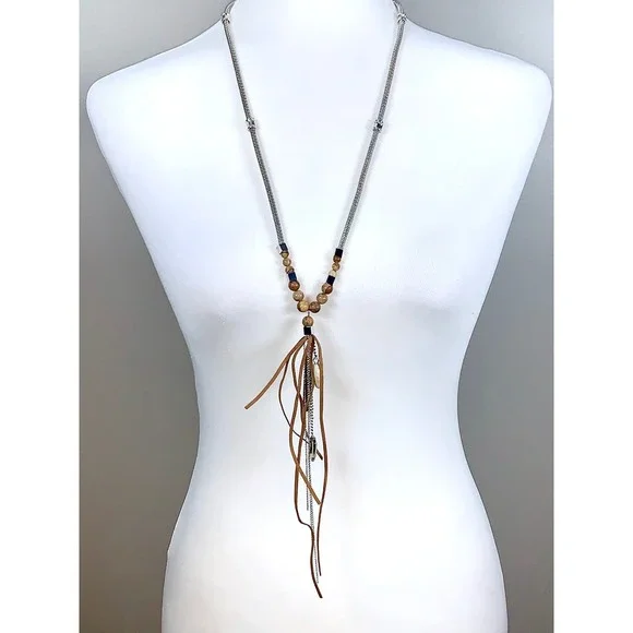 White House Black Market Silver Tone Beaded Leather Crystal Tassel Necklace