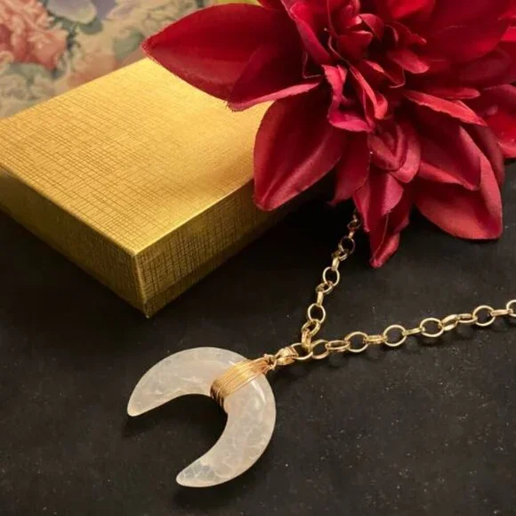Handcrafted Cracked Gold Agate Crescent Necklace