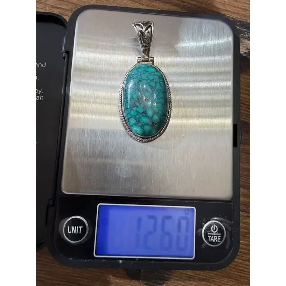 Sterling Silver Spiderweb Turquoise Pendant Large Oval Blue Stone Statement 12.6