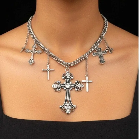 New Silver Rhinestone Multi Cross Charm Curb Chain Necklace Goth Grunge