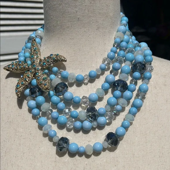 Vintage-Style Aqua Blue Multi-strand Beaded Starfish Necklace