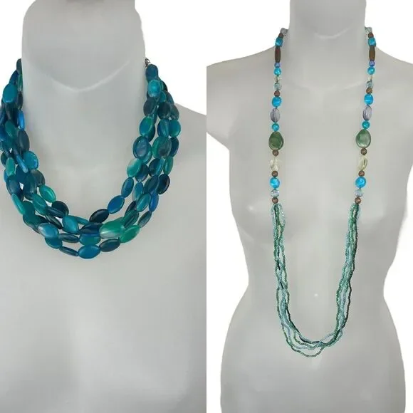 Vintage Chunky Green Blue Necklace Set Of 2‎ Emerald Teal Aqua Wood Beads Stones