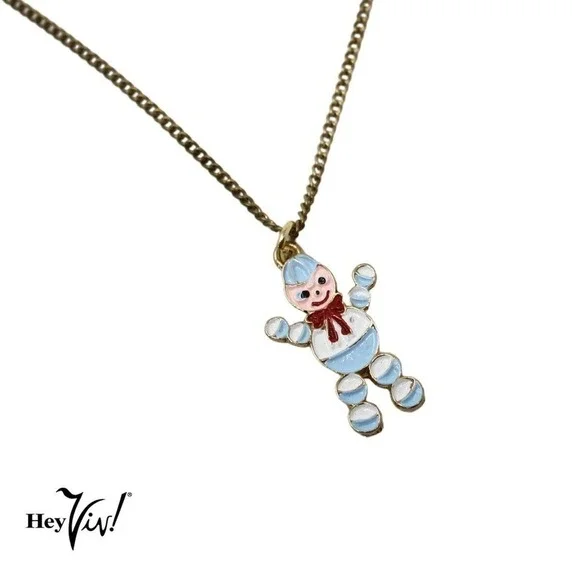 Vintage 80s Enamel Charm Necklace Cute Happy Roly Poly Man 16