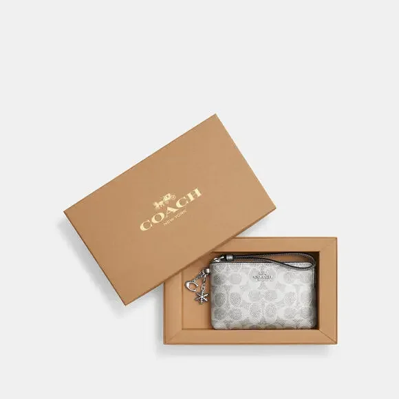 COACH Boxed Corner Zip Wristlet In Silver Signature Canvas With Charms NWT
