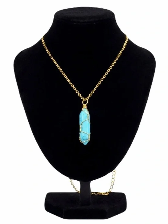 New Handmade Blue Howlite 10k Gold Wire Wrapped S925 Silver Amulett Necklace