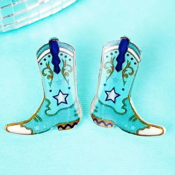 Turquoise Acrylic Cowboy Boot Earrings Post Back NWT