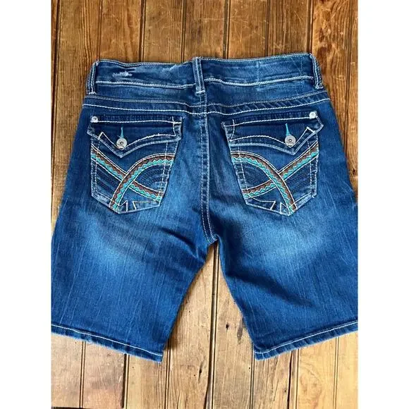 Y2K Denim shorts women’s Embroidered low rise long leg Dark Wash Union Bay
