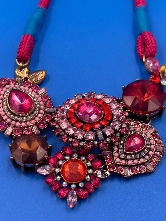 Statement Rhinestone Bib Necklace Pink Red Boho Glam Betsey Style Sparkle”