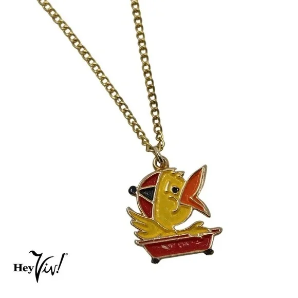 Vintage 80s Enamel Charm Necklace Cute Yellow Duck in a Boat 16