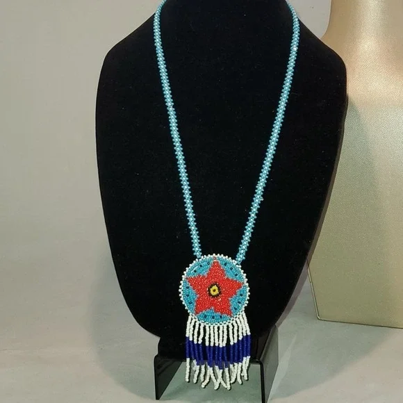 Indian‎ Beaded silver & red star necklace blue long Boho Western Fringe Cute