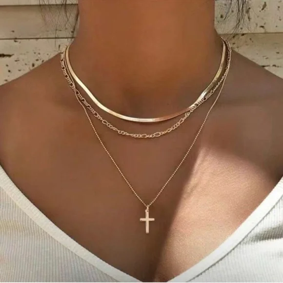 Gold Plated Stainless Steel 3pc Cross & Herringbone Necklace Set