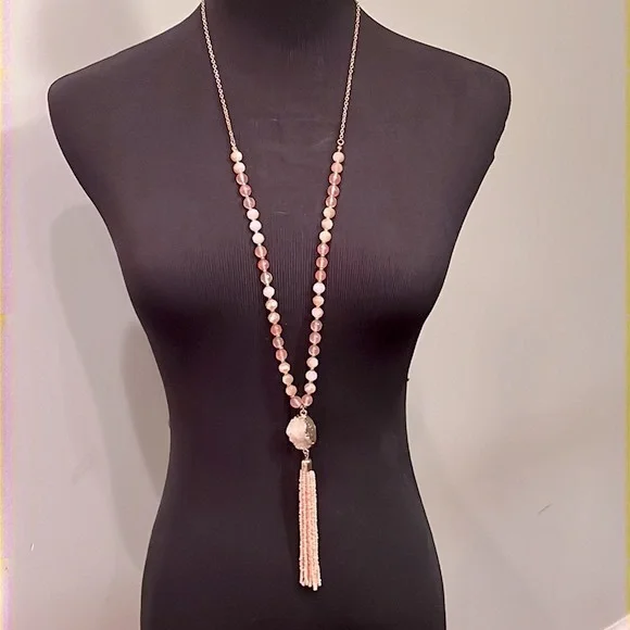 Pink Bead & Druzy Quartz Tassel Adjustable Necklace