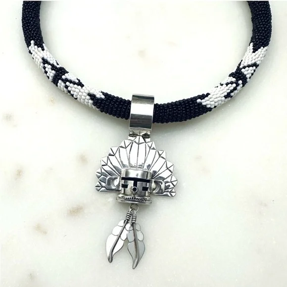 E Silago Navajo Morning Singer Kachina Sterling Silver Pendant & Beaded Necklace