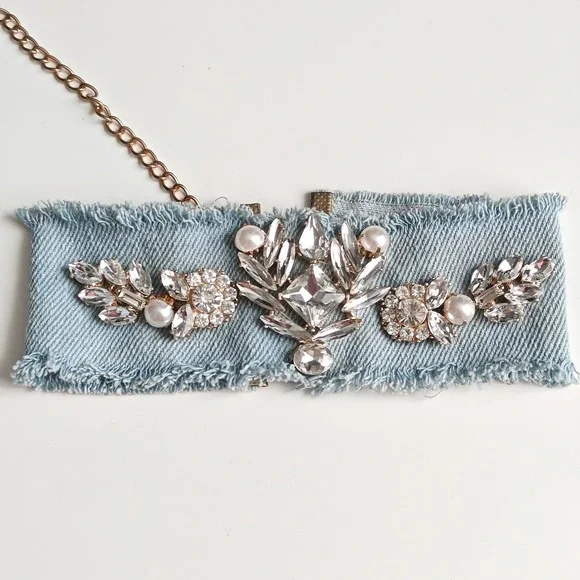 Light Blue Denim Choker Necklace Glass Crystal Rhinestone Faux Pearl Gold Tone
