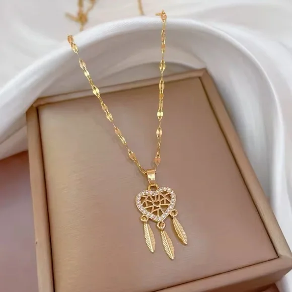 Gold Filled Cubic Zirconia Heart Dream Catcher Necklace