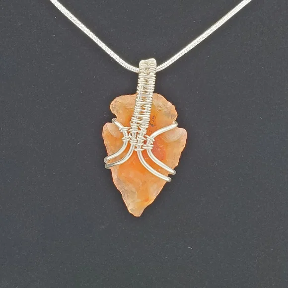 Handmade silver wrapped carnelian arrowhead with 925 silver necklace