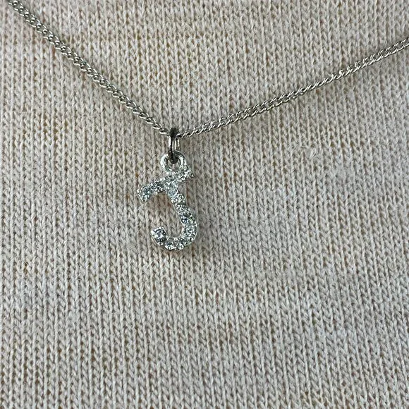 J Initial Pendant Necklace Rhinestone Silver Tone 15.5-19