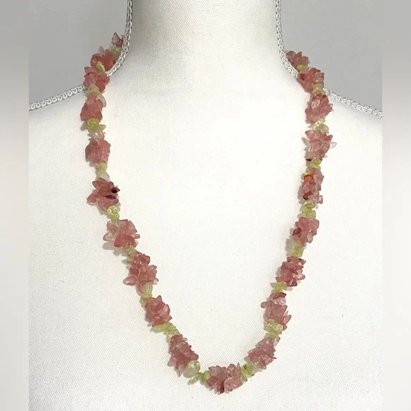Vintage Long Chunky Pink Green Beaded Necklace Boho Eclectic Coastal Grandma