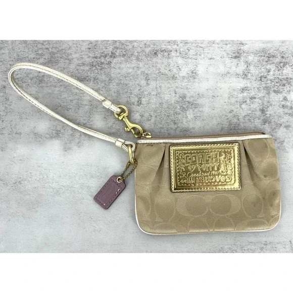 Coach Poppy Signature C Khaki Gold Metallic Leather Trim Wristlet