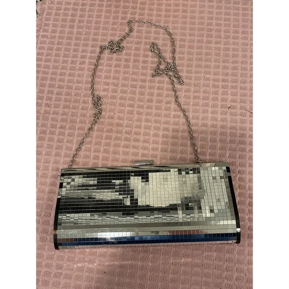 Silver Disco Ball Mirrored Mosaic Tile Clutch Bag Evening Purse Chain Strap