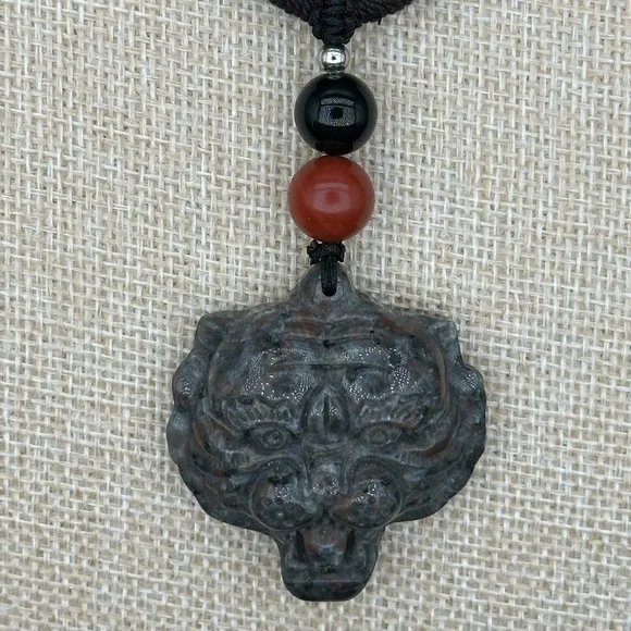 Yooperlite Tiger Pendant Necklace; Red Jasper and Onyx on Brown and Black Rope