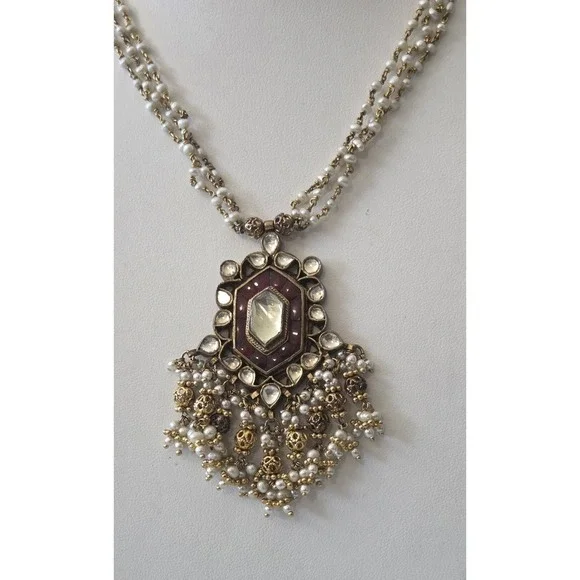 Vintage Indian Bollywood Gold Tone Kundan Choker Necklace Brass Faux Pearl
