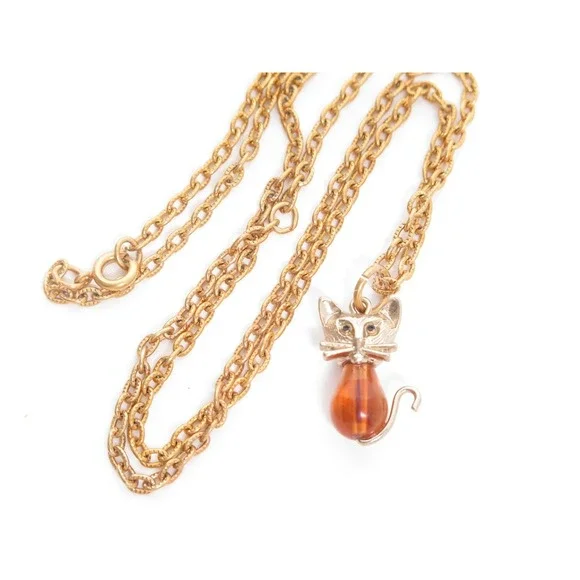 VINTAGE AMBER BEAD KITTY CAT GOLD PLATED PENDANT‎ & CHAIN NECKLACE ANIMAL LOVE