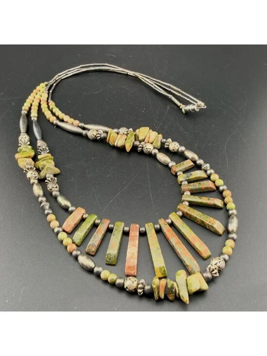Vintage Stone Jasper Liquid Silver 2 Strand Beaded Statement Necklace 24