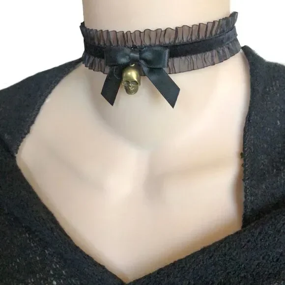 Gothic Black Skull Choker Antique Bronze 3D Charm Stretch Velvet Ribbon Necklace