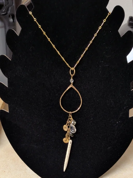 Gold Teardrop Pendant Necklace with Crystal Accents