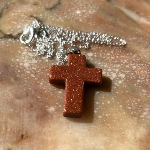 Vintage Sunstone Cross Pendant Necklace