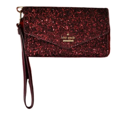 Vintage Kate spade Crimson Red Sparkle Trifold Envelope Leather Wallet/W…