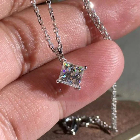 *NEW 2ct Princess Cut Solitaire Diamond Necklace