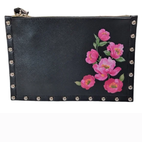 #473- WHBM- Pink and Black Floral Studded Faux Leather Wristlet