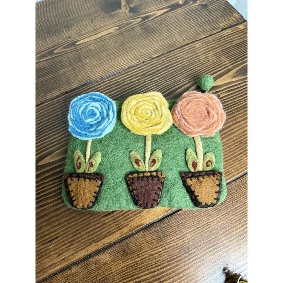 Rising Tide Zip Pouch Spring Flowers Felted Wool Clutch Bag Cosmetic Hand Made