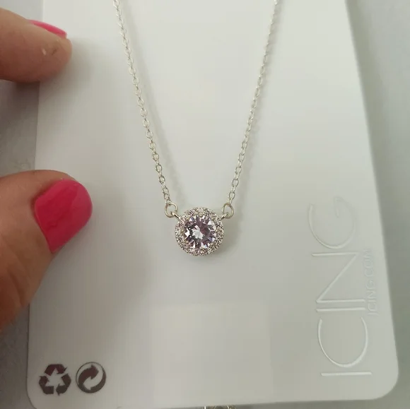 Silver Round Halo Cubic Zirconia Pendant Necklace NWT