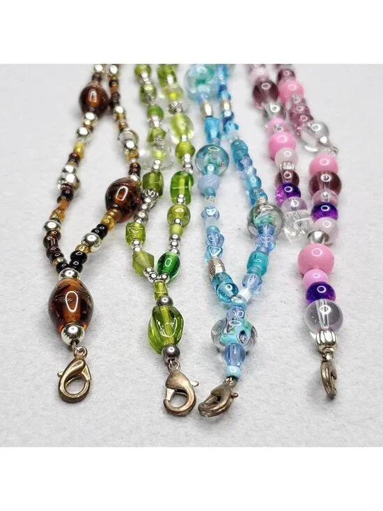 Beaded Lanyard Necklace Badge ID Holder Pink Blue Green Brown Glass Lot Of 4