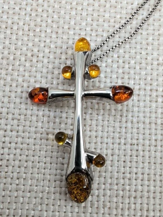 Vintage Baltic Amber Sterling Silver Cross Pendant Necklace 925 Poland 18