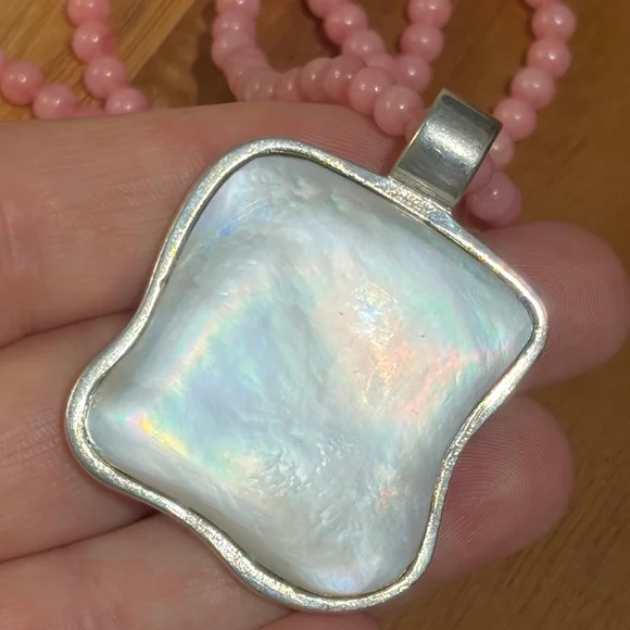 Vintage Barse Sterling Silver 925 Mother of Pearl Slider Pendant Wavy Square