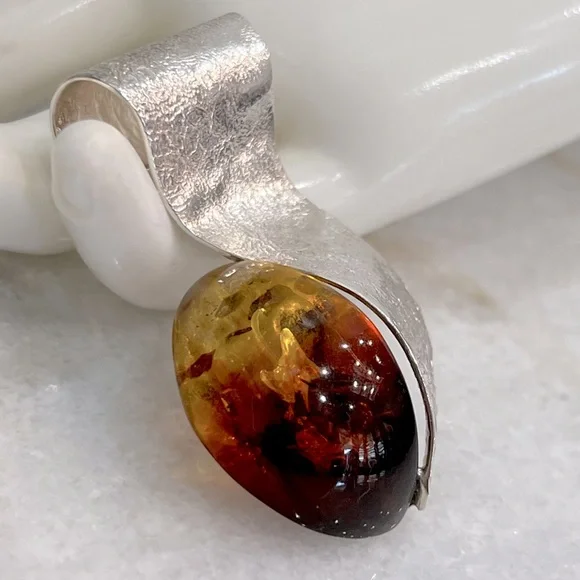 RARE BiColor Baltic Amber Sterling Silver Textured Scrolled Pendant