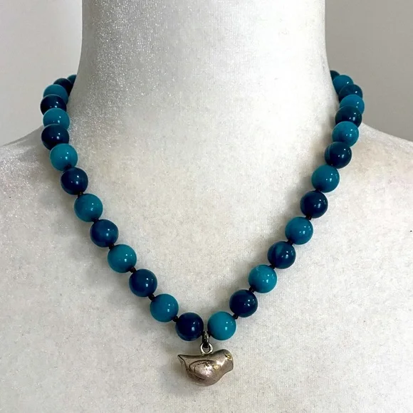Fossil Teal Blue Agate Bead Necklace Silver Bird Charm Chunky Boho Stone Real