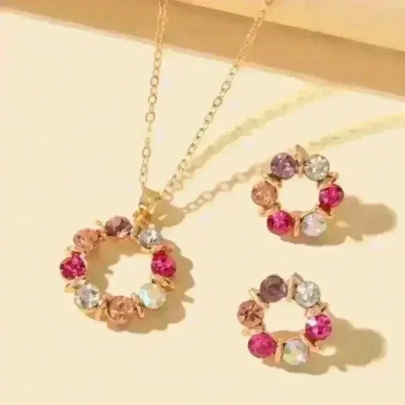 Multicolor Gemstone Circle Pendant Necklace and Earrings