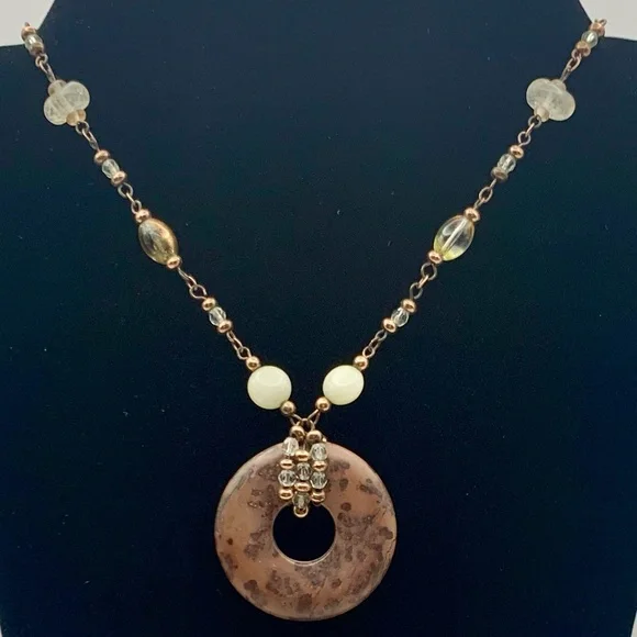 Lia Sophia Polished Mahogany Obsidian Stone Necklace, Quartz, & Rose Gold Beads