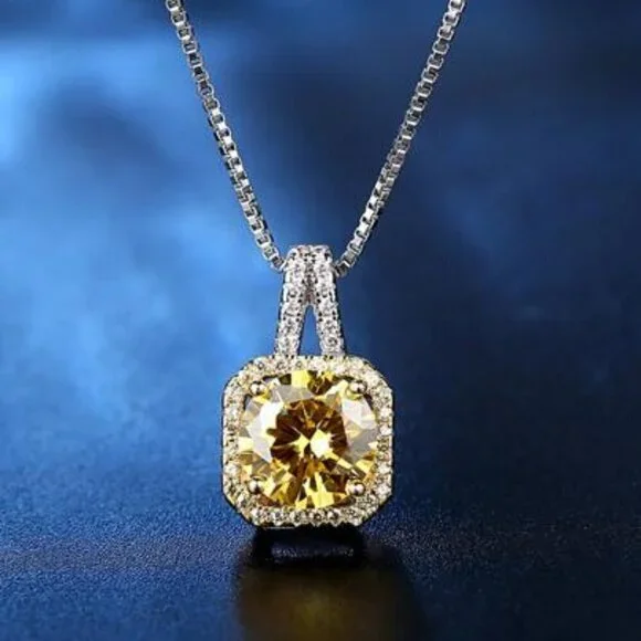 Sterling Silver 925 Citrine Halo Pendant Necklace