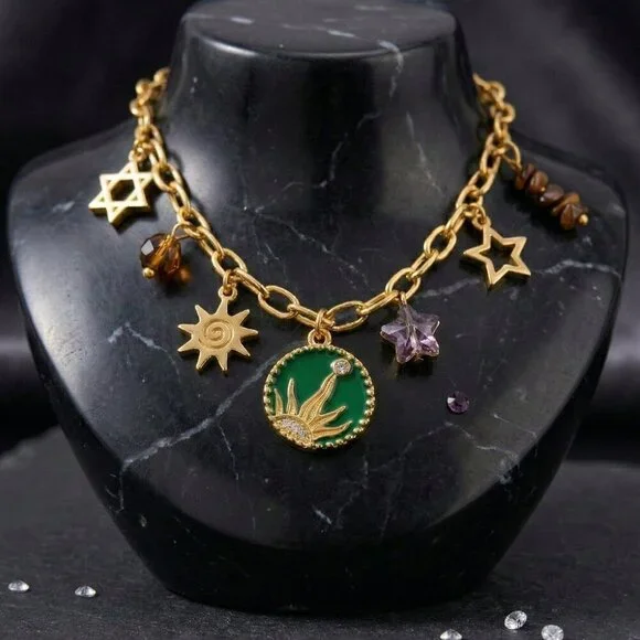 18K Gold Plated Boho Celestial Sun Star Charm Necklace 316L Stainless Steel