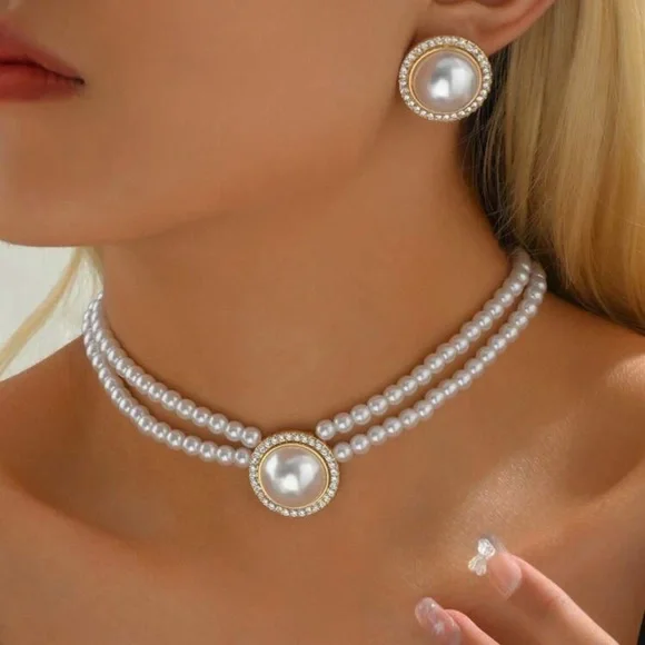 1pc Round Pearl Necklace And 1pair Geometric Round Pearl Earrings 2pcs Jewelry