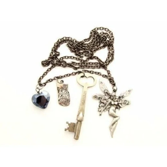 Fairy, Key,‎ Engraved Dream Tag & Crystal Heart Shaped Charms Necklace