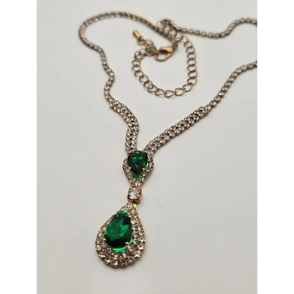 Emerald Green Teardrop‎ Rhinestone Necklace Gold Prom Bridal Pageant Formal Glam
