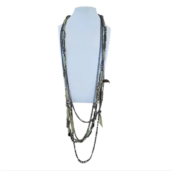 Gunmetal Chain Link Green Ribbon Multistrand Necklace