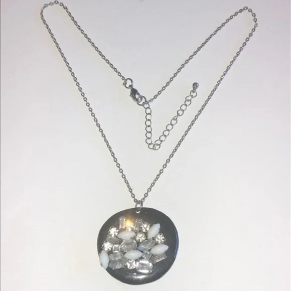 Silver Tone Black Enamel CZ Rhinestone Boho Pendant Necklace